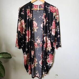 EUC LIME N CHILI FLORAL COCCOON LONG LINE BOHO KIMONO TOP SIZE M